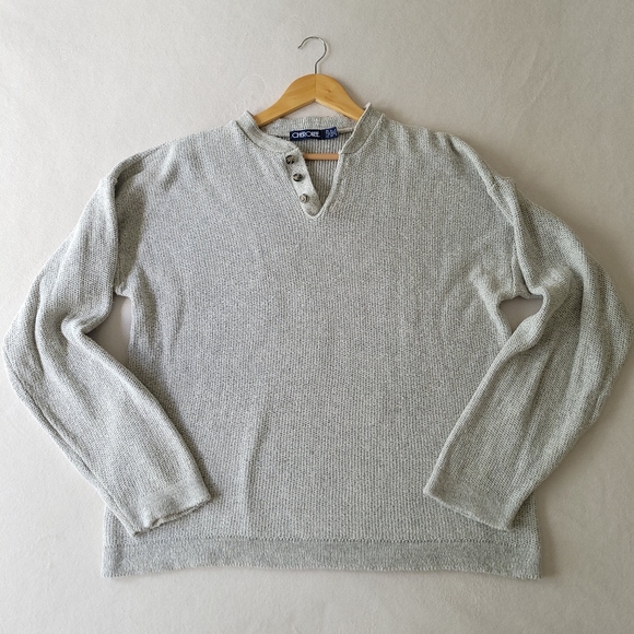 Vintage USA Made Oversized Henley Sweater Cotton Thick Knit Grey Unisex X-LARGE - Picture 1 of 12